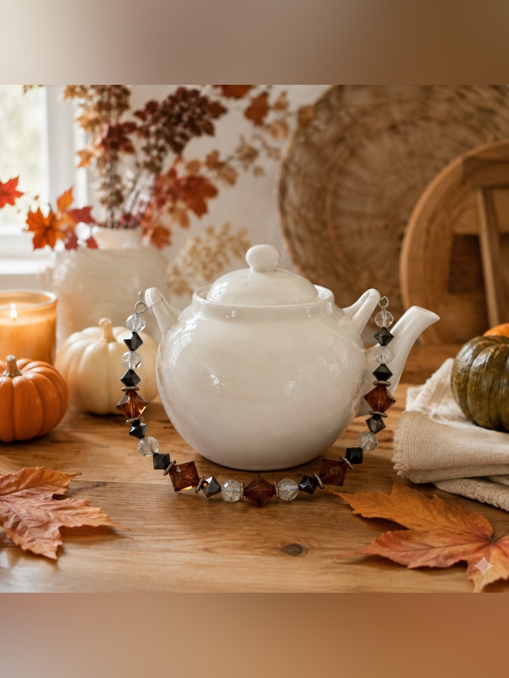 Glossy White Ceramic Teapot with Beaded Accent